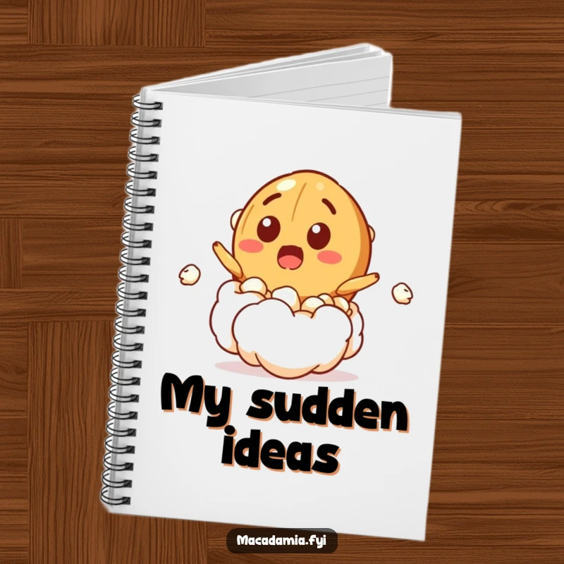 Funny notebook with a macadamia nut character bursting from a popcorn kernel with a surprised grin, ideal for jotting down exciting thoughts.
