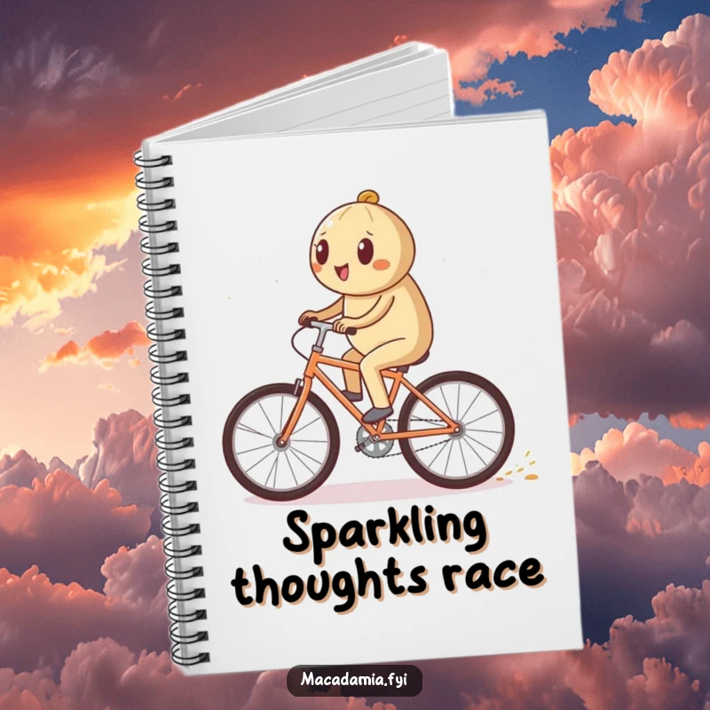 Funny macadamia nut character riding a bicycle quickly on a notebook, leaving a sparkling trail, perfect for capturing ideas, a fun funny gift.
