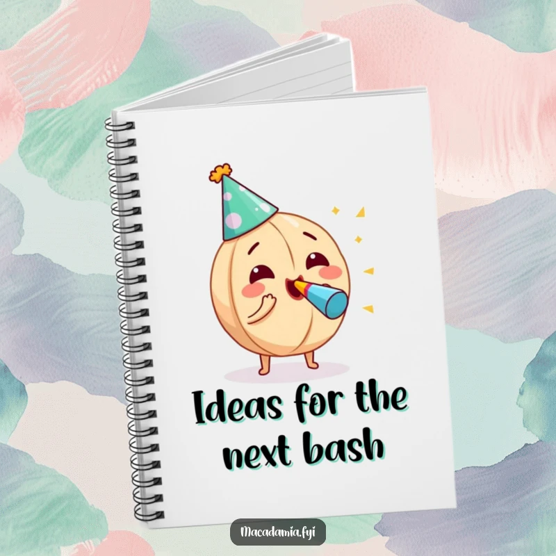 Funny macadamia nut character in a party hat, enthusiastically blowing a noisemaker, adorning a notebook for cheerful writing.