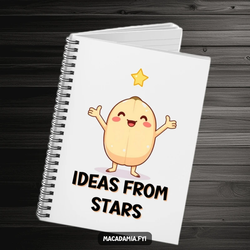 Funny kawaii macadamia nut with arms outstretched, catching a falling star, perfect for notes in this humorous notebook.