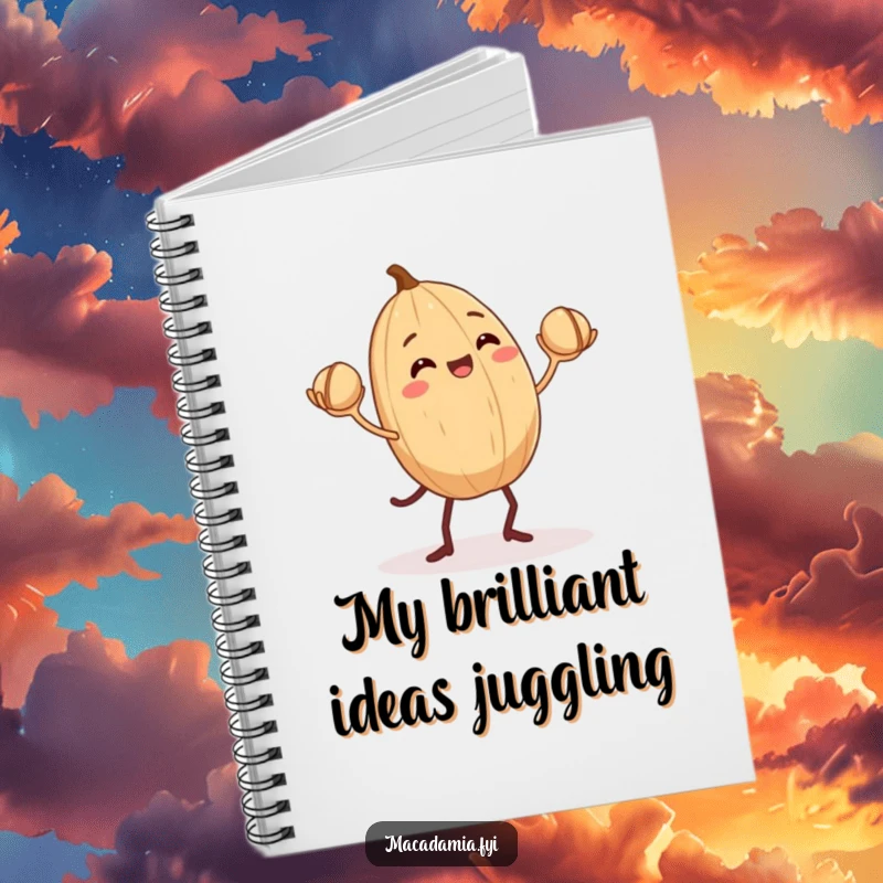 Funny Macadamia Nut Notebook: A macadamia nut with small legs enthusiastically juggles smaller nuts, perfect for humorous note-taking.