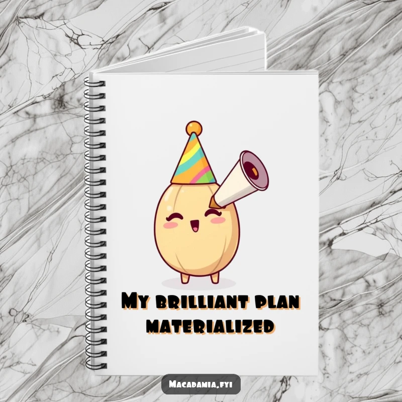 Funny macadamia nut wearing a party hat, blowing a party horn, perfect for writing notes in a nutty, celebratory style.