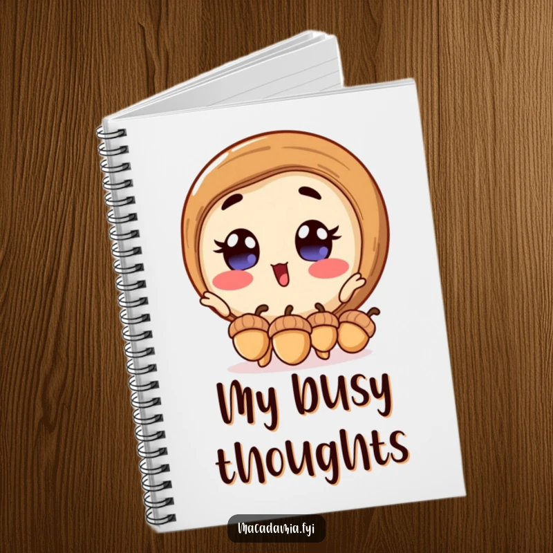 Funny macadamia nut notebook with an excited macadamia nut juggling acorns, ideal for notes and journaling with an energetic theme.