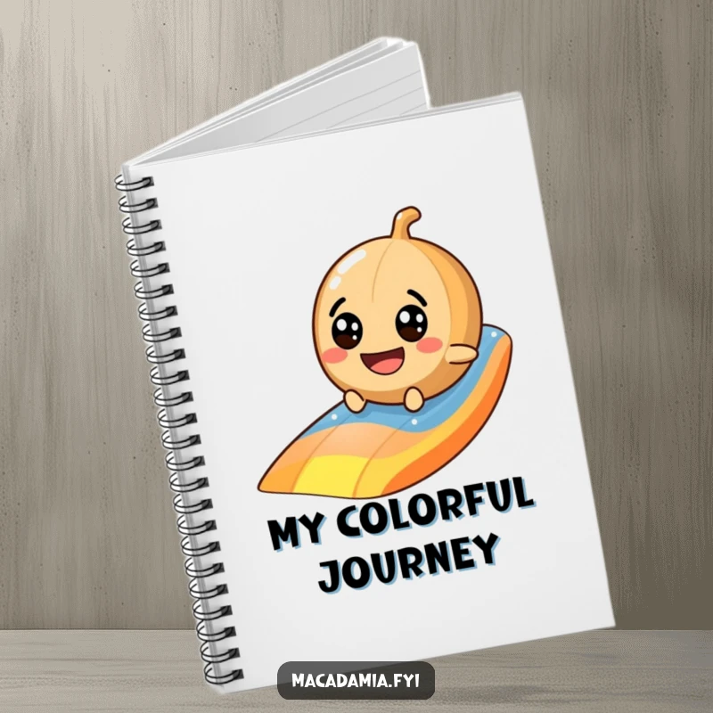 Funny macadamia nut notebook with a googly-eyed character sliding down a vibrant rainbow, ideal for capturing fun ideas.