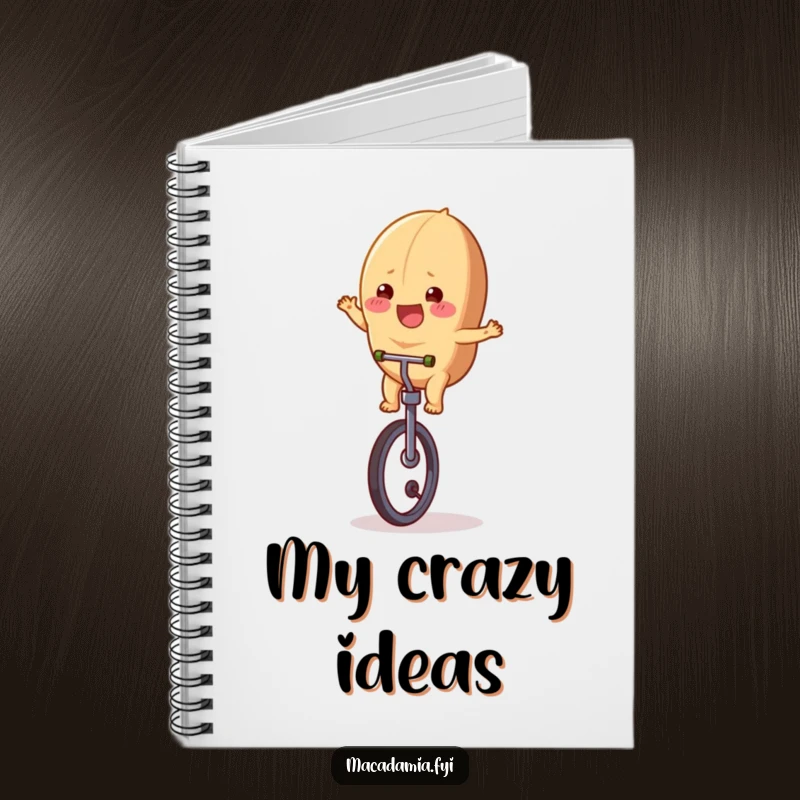 Funny macadamia nut character riding a unicycle, inspiring creativity in this humorous notebook.