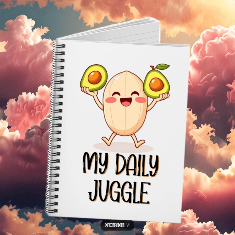Funny notebook with a smiling macadamia nut character on legs happily juggling three shiny avocados, inspiring culinary creativity.