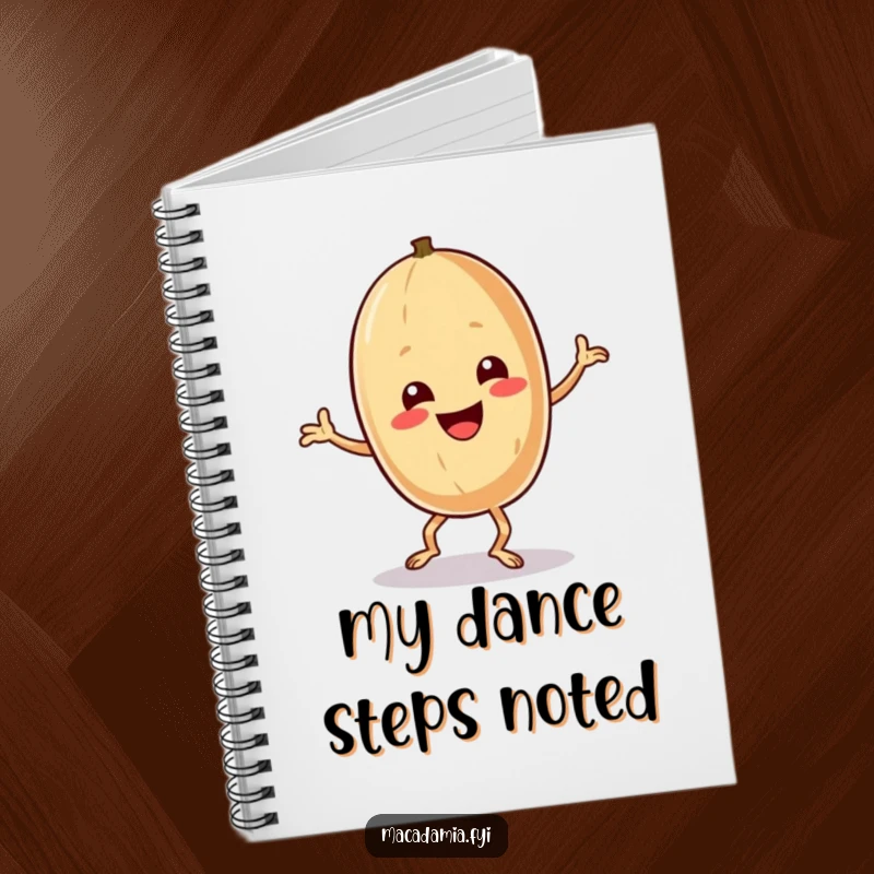 Funny macadamia nut character doing a silly, exaggerated dance on the cover of a notebook.