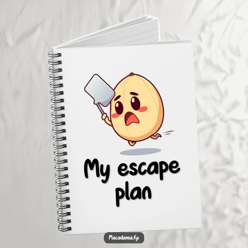 Funny Macadamia Nut Notebook featuring a surprised nut rapidly dodging a flying spatula.