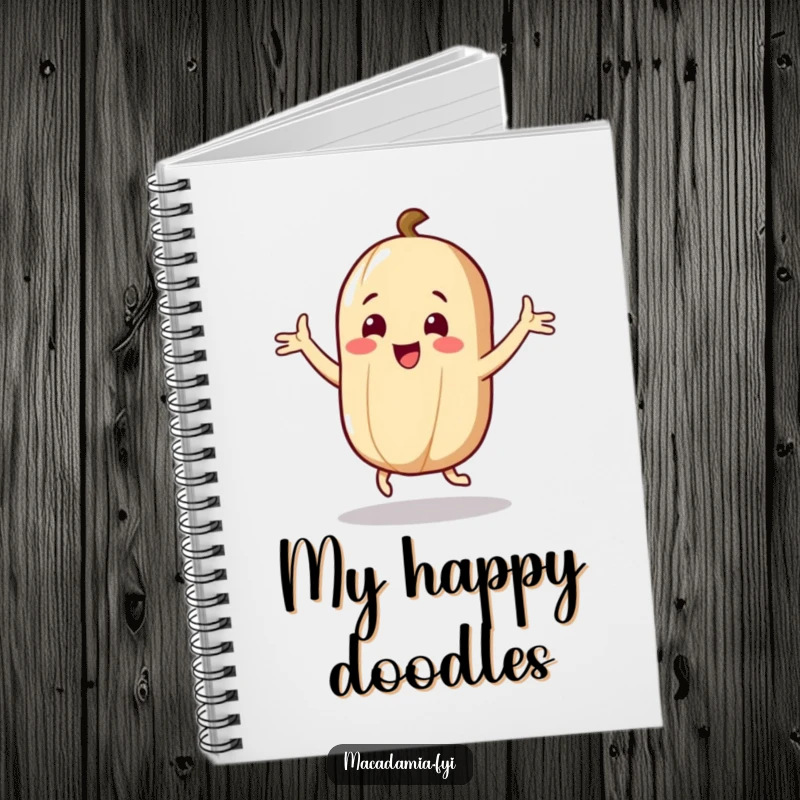 Funny Nut Notebook: A macadamia nut character dances with flailing arms joyfully, inspiring the user to fill its pages with funny ideas.
