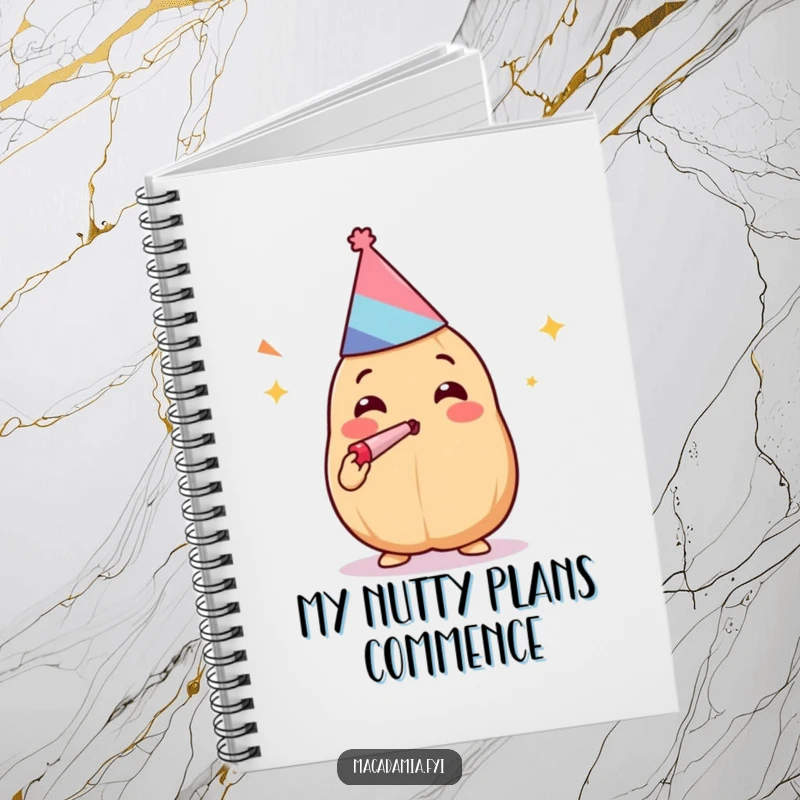 Funny Kawaii macadamia nut in party attire with a noisemaker, ready to celebrate on a notebook cover.