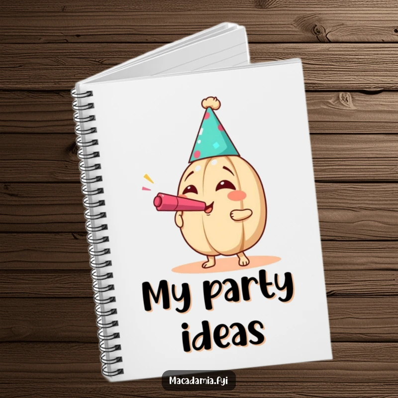 Funny Party Nut Notebook featuring a macadamia nut in a party hat blowing a noisemaker with exaggerated joy, for festive note-taking.