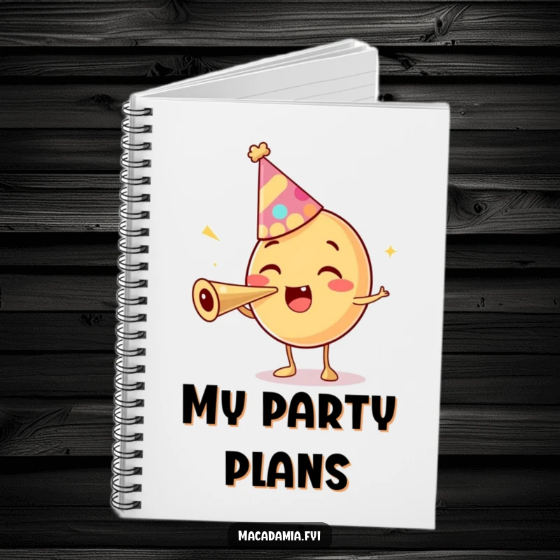 Funny notebook with a macadamia nut character in a party hat, excitedly blowing a party horn, perfect for jotting down party plans.