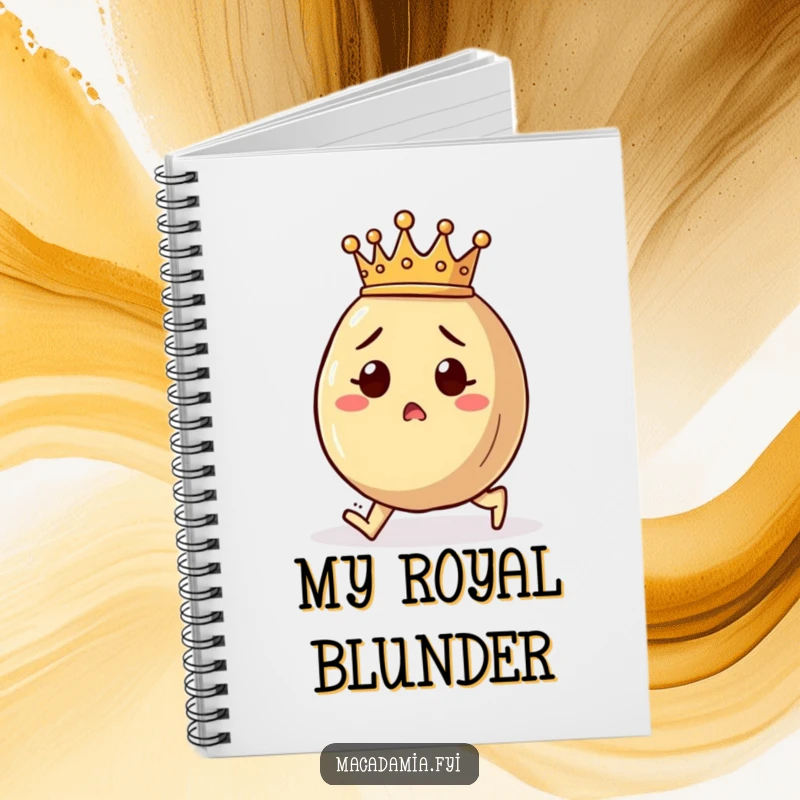 Funny macadamia nut notebook featuring a crowned character tripping comically with surprise, ideal for capturing funny thoughts.