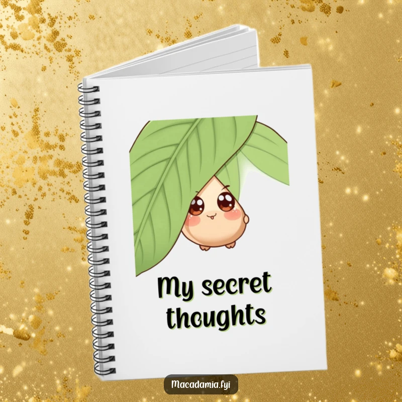 Funny notebook with a wide-eyed macadamia nut character playfully peeking from behind a giant leaf, inspiring creative note-taking.