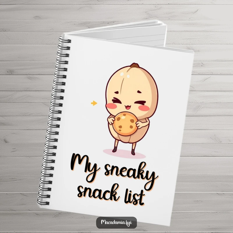 Funny Macadamia Nut character giving a mischievous wink while holding a delicious cookie mid-air, for writing, drawing, and humorous notes.