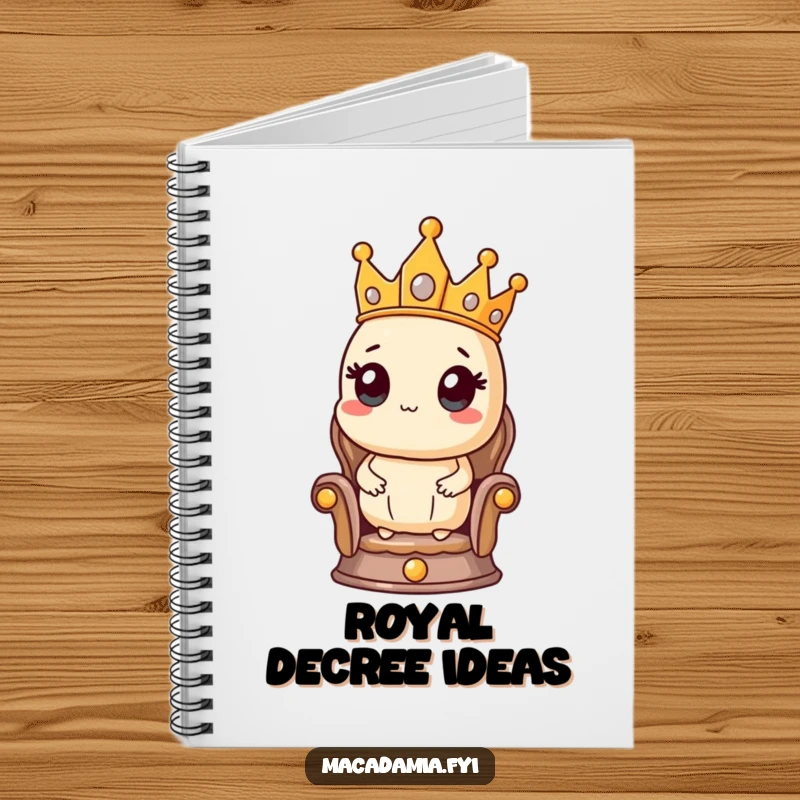 Funny notebook with a macadamia nut character wearing a crown, sitting proudly on a tiny throne, ideal for jotting down regal thoughts.