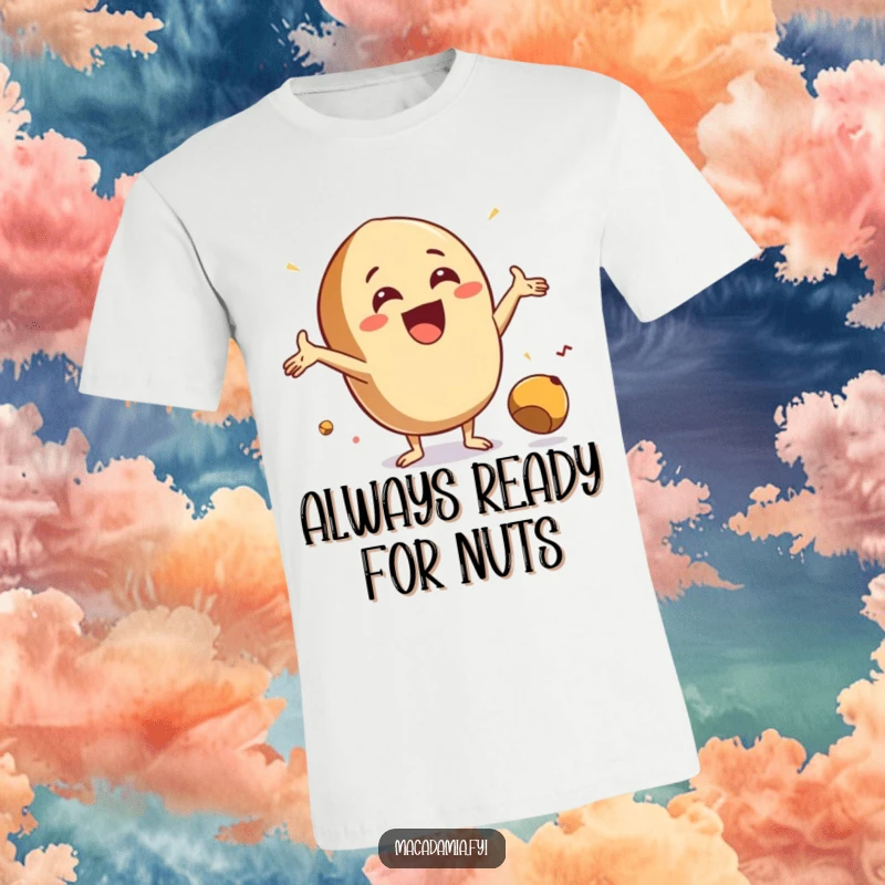 Funny Catch Nut T-Shirt showcasing an excited macadamia nut with arms outstretched, joyfully ready to catch a falling nut.