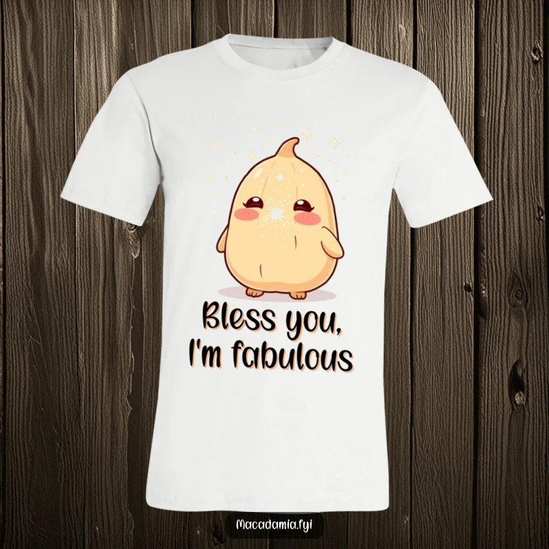 Funny macadamia nut character in a hilarious pose, sneezing a vibrant cloud of glitter and sparkle dust.