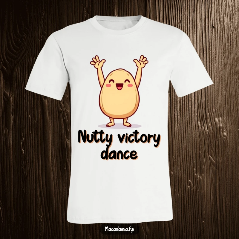 Funny Macadamia Nut T-Shirt featuring a happy nut doing a jubilant dance with arms in the air.