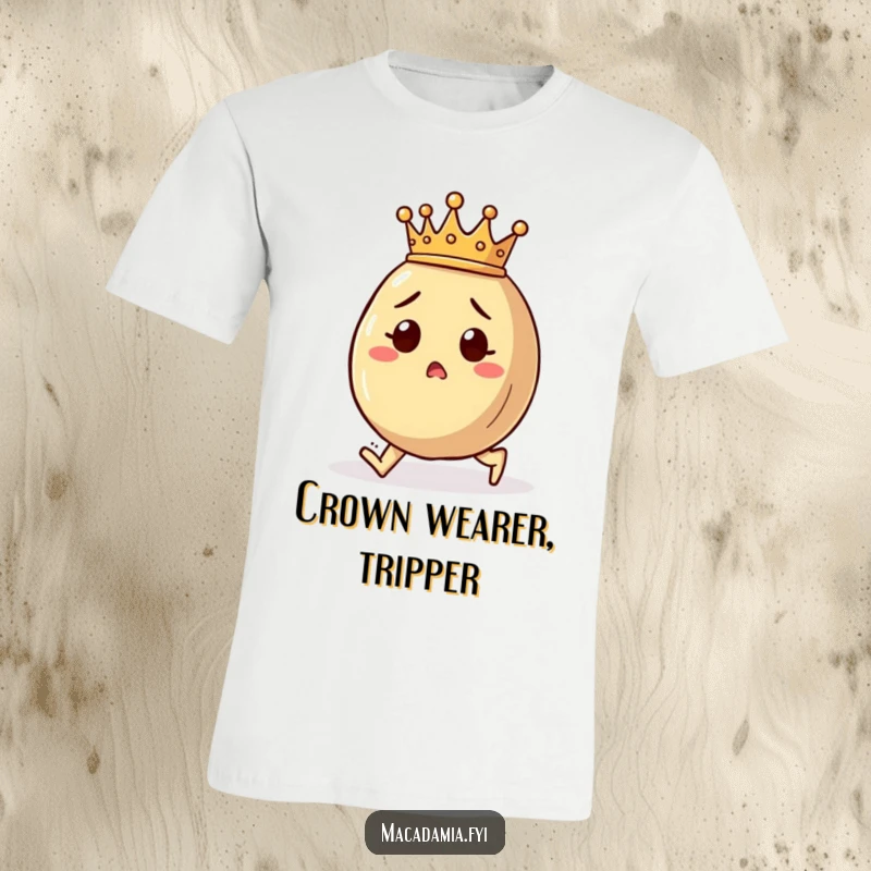 Funny macadamia nut t-shirt showing a crowned character tripping unexpectedly, with a look of comical surprise.