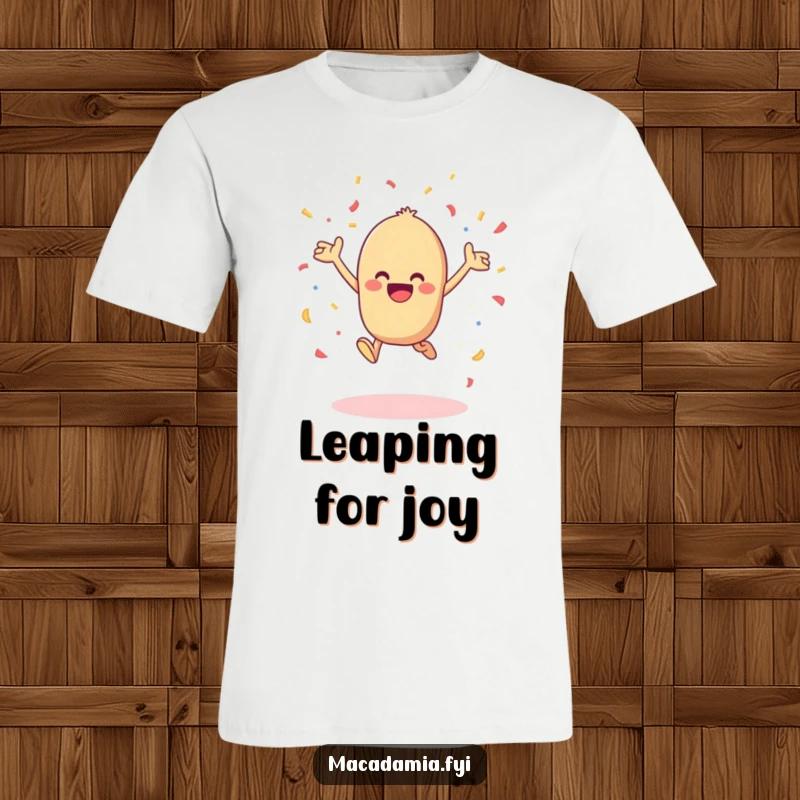 Funny kawaii macadamia nut leaping with joy and tossing colorful confetti in the air on this fun t-shirt.