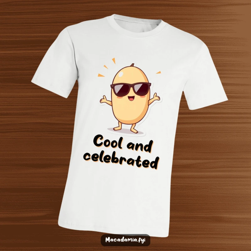 Funny kawaii macadamia nut wearing sunglasses and doing a celebratory dance pose, ready to party on this t-shirt.