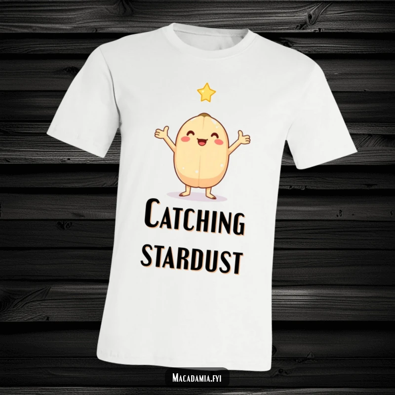 Funny kawaii macadamia nut with arms outstretched, catching a falling star, on this magical t-shirt.
