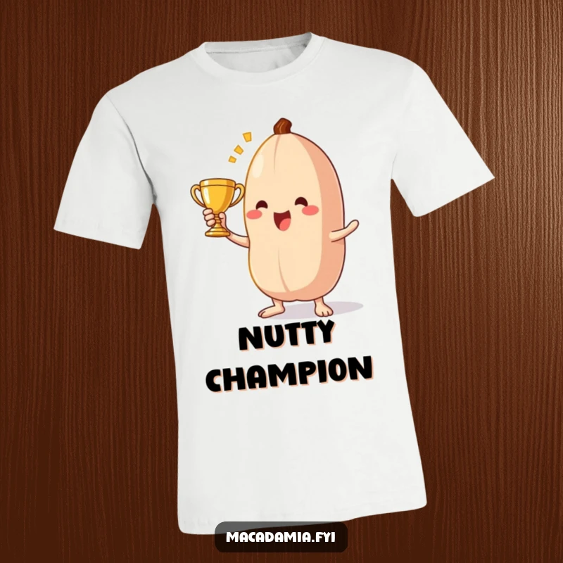 Funny macadamia nut t-shirt showing a victorious character proudly holding a small golden trophy, celebrating a nutty win.