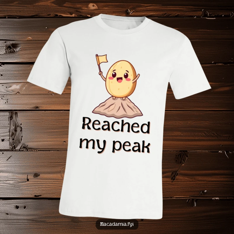 Funny Macadamia Nut character waving a tiny flag on a miniature mountain peak, perfect for active individuals and humor lovers.