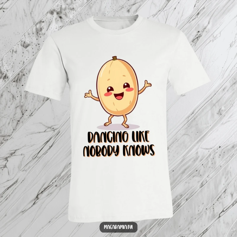 A macadamia nut character is doing a ridiculously exaggerated and funny dance pose on a t-shirt.