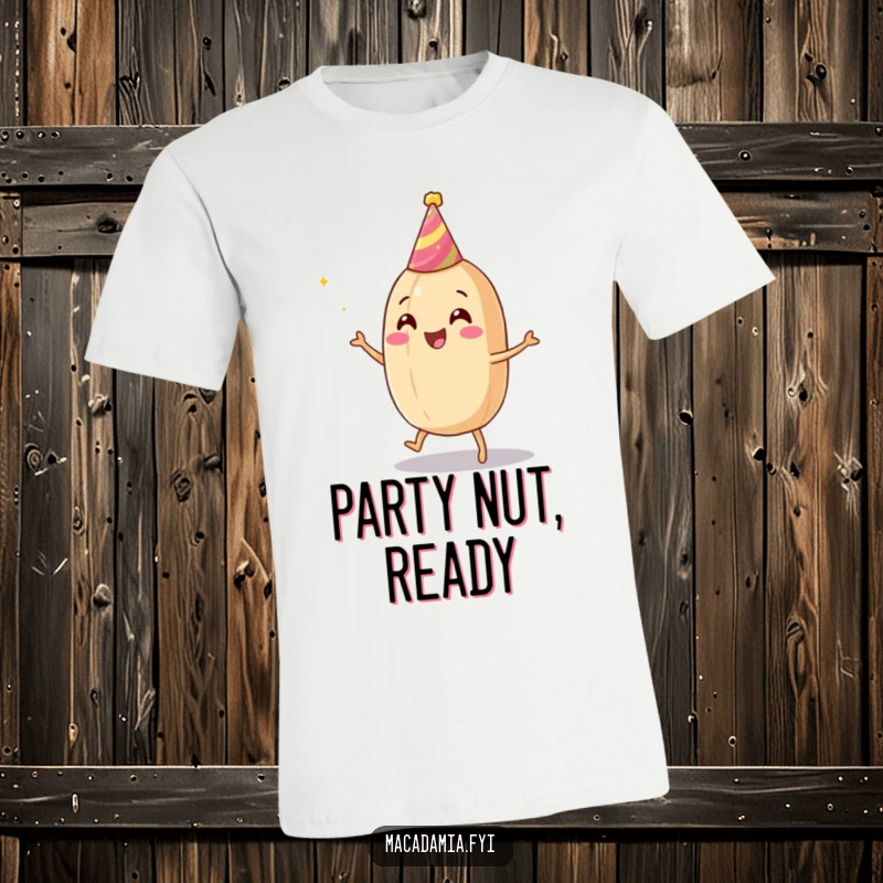Funny macadamia nut t-shirt showcasing a delightful nut in a party hat performing an energetic celebratory dance.