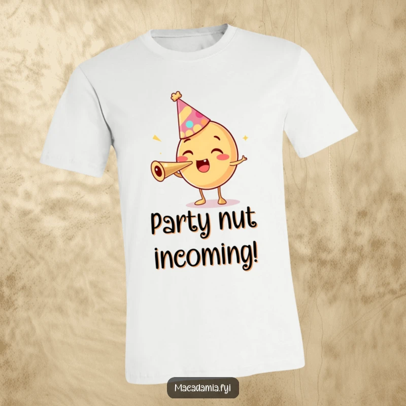 Funny t-shirt with a macadamia nut character wearing a party hat and enthusiastically blowing a party horn, ready to celebrate.