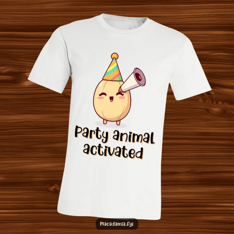 Funny macadamia nut wearing a party hat, enthusiastically blowing a massive party horn, bringing festive cheer to a t-shirt.