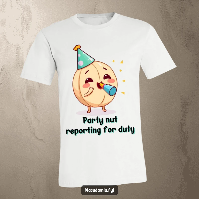 Funny macadamia nut character in a party hat, enthusiastically blowing a noisemaker, printed on a t-shirt for festive fun.