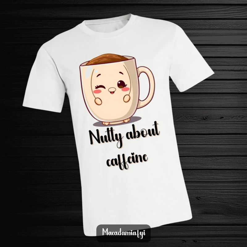 Funny t-shirt depicting a macadamia nut character peeking slyly from behind a giant coffee mug, winking conspiratorially.