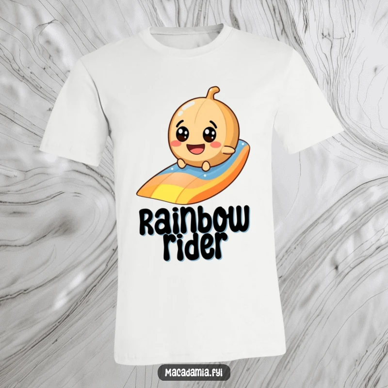 Funny macadamia nut t-shirt depicting a character with googly eyes and a grin sliding down a bright rainbow.