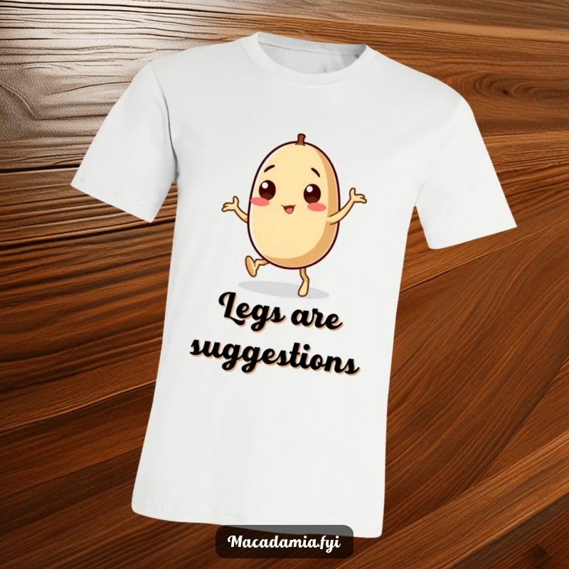 Funny macadamia nut character performing a comical wobbly-leg dance, creating a hilarious visual on a t-shirt.