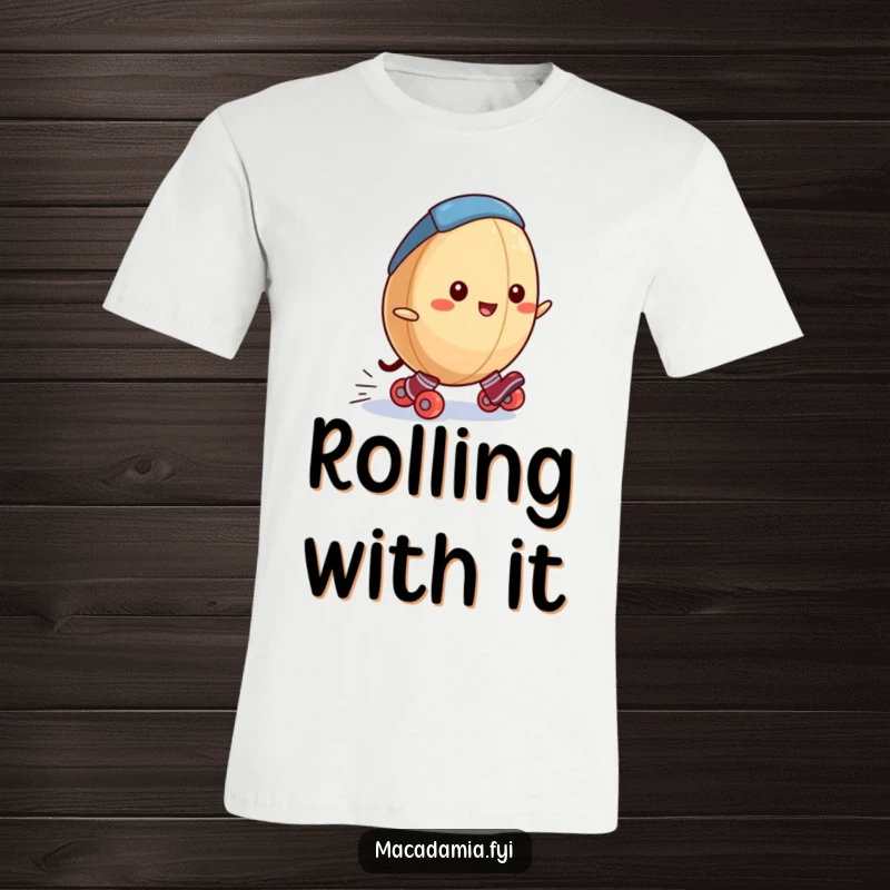 Funny macadamia nut t-shirt depicting a happy macadamia nut in tiny roller skates, rolling downhill with speed and joy.