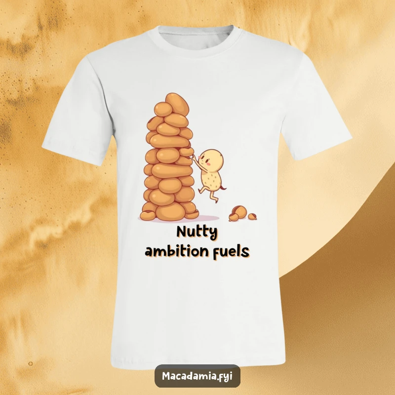 Funny t-shirt of a macadamia nut character bravely attempting to ascend a massive, unstable stack of macadamia nuts, highlighting effort.