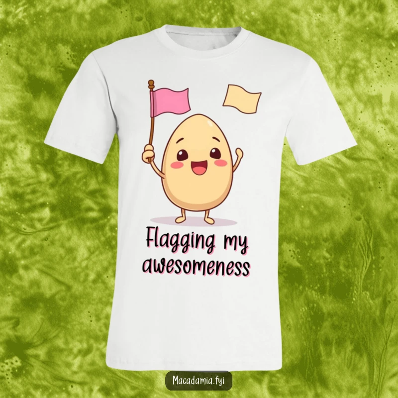 Funny t-shirt with a macadamia nut character excitedly waving a tiny flag with a funny face, radiating enthusiasm.