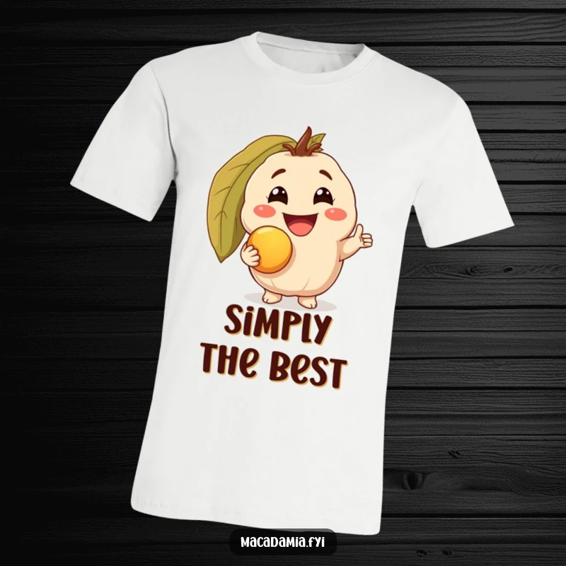 Funny t-shirt showcasing a macadamia nut character with a triumphant grin, holding a golden macadamia nut, a humorous statement of nutty achievement.