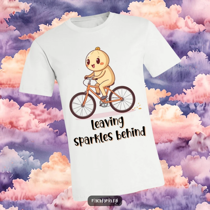 Funny macadamia nut character riding a bicycle quickly, leaving a sparkling trail on a t-shirt, embodying speed and magic, a fantastic funny gift.