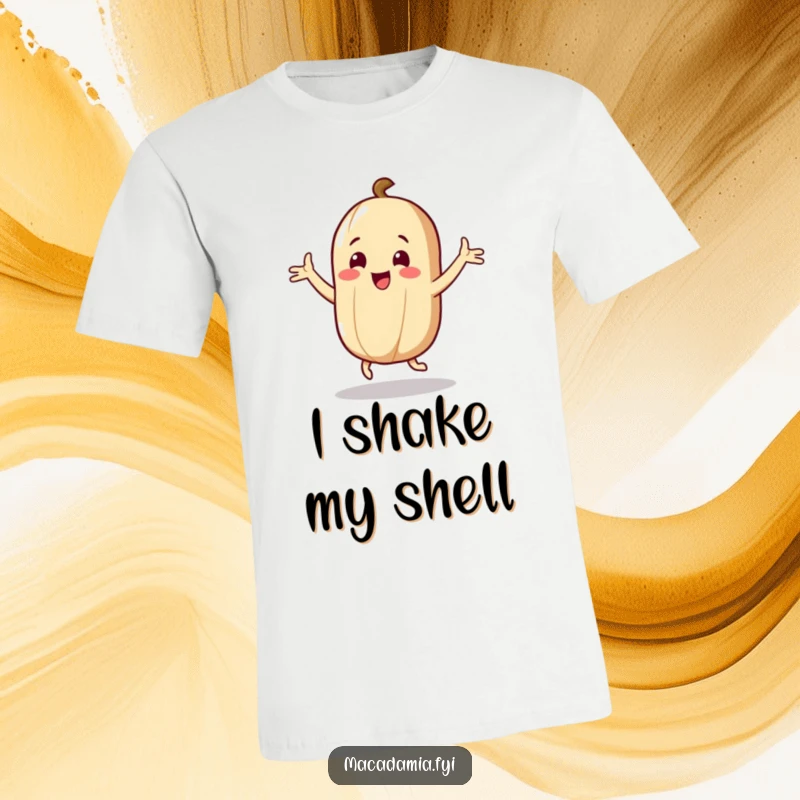 Funny Nut T-Shirt: A macadamia nut character dances with arms flailing joyfully, ideal for a humorous and energetic casual look.