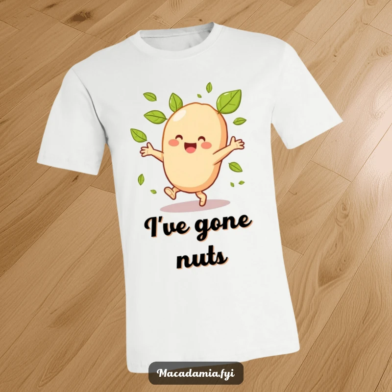 Funny macadamia nut character cartwheeling with a huge smile, autumn leaves scattering around, printed on a soft t-shirt.