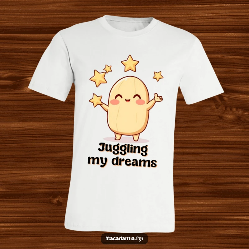 Funny macadamia nut t-shirt depicting a rosy-cheeked character juggling sparkling stars, a celestial and joyful design.