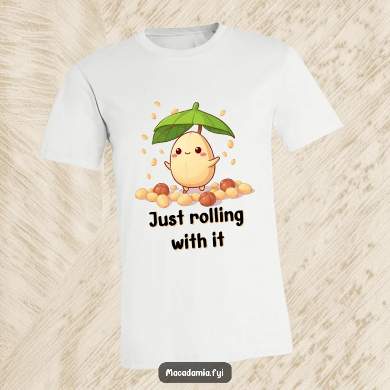 Funny macadamia nut character under a leaf umbrella, caught in a candy nut drizzle, printed on a t-shirt for a funny gift.