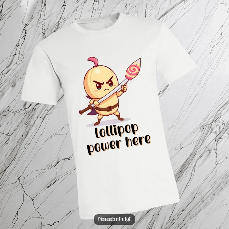 Funny macadamia nut t-shirt depicting a determined character wielding a lollipop as a sword, embodying brave sweetness.
