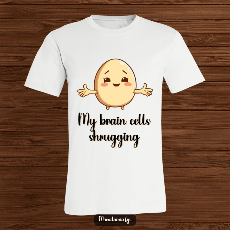 Funny macadamia nut character shrugging with arms out, printed on a comfy t-shirt, expressing comical indifference.