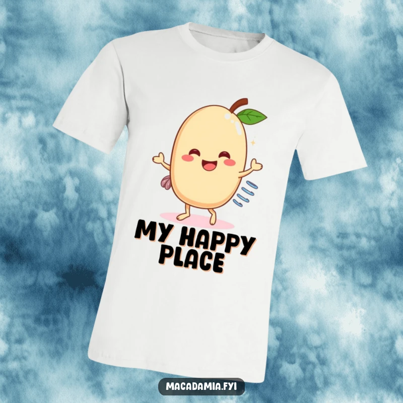 Funny Macadamia Nut Dancer T-Shirt: A joyful macadamia nut character with a spring attached, excitedly dancing with a goofy expression.