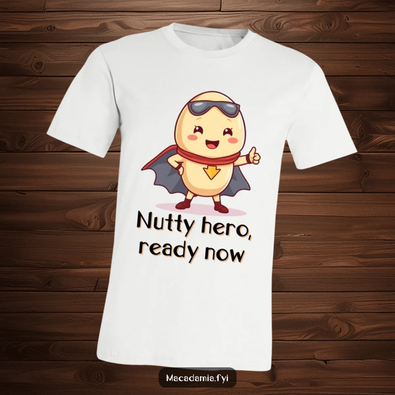 Funny Kawaii macadamia nut in a heroic stance, cape flying, ready to save the world on a t-shirt.